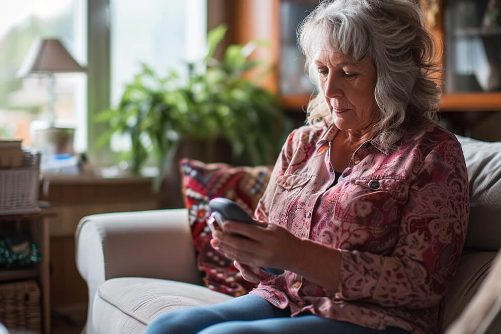 Besorgte ältere Frau sitzt auf dem Sofa und betrachtet nachdenklich ihr Blutzuckermessgerät, während sie über die Ursachen von Diabetes nachdenkt